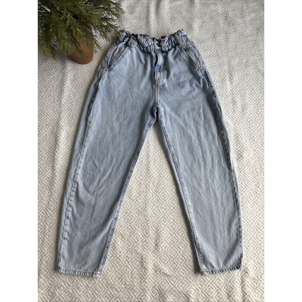 Zara Women's Paper bag Style Cinch Waist Jeans Blue Light Wash High Waisted 4